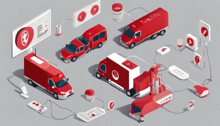 Camión de transporte de sangre monitoreado remotamente, simbolizando seguridad y calidad en el transporte de sangre, con hospital y elementos cibernéticos.