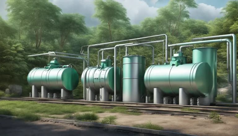 Estación moderna de tratamiento de agua con telemetría para gestión eficiente de agua y alcantarillado, destacando tanques, tuberías y gráficos digitales.