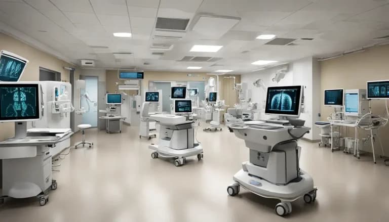 Hospital moderno con tecnología avanzada, incluyendo robots, pantallas digitales y profesionales de salud utilizando tablets, destacando avances en el sector hospitalario.