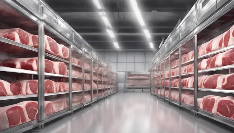 Almacén refrigerado con estantes grandes que contienen cortes de carne cruda en empaques al vacío y monitores de temperatura digital en las paredes.