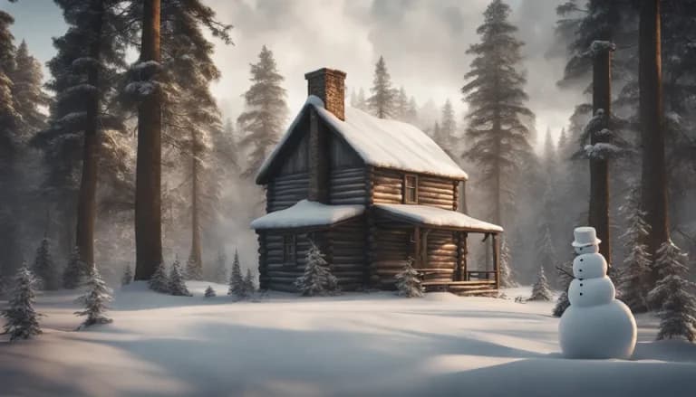Cabaña de madera aislada rodeada por pinos densos en un bosque nevado, con humo saliendo de la chimenea y un muñeco de nieve al frente.