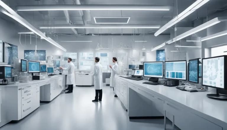 Científicos en batas blancas analizan pantallas digitales con datos en tiempo real en un laboratorio moderno con dispositivos plateados.