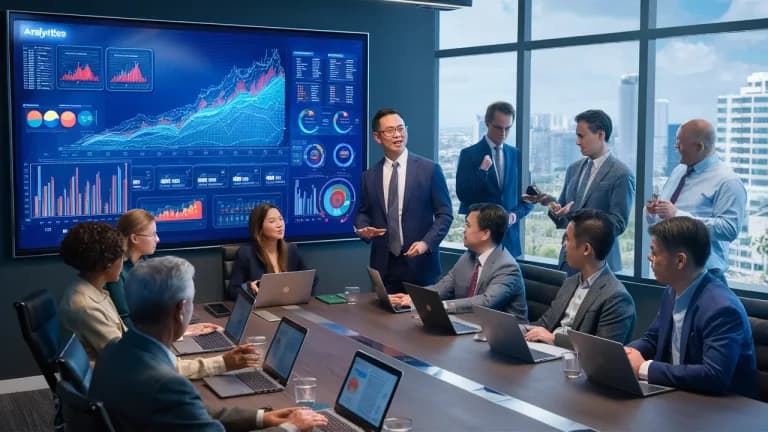 Profesionales en reunión analizando gráficos de datos en pantalla digital en oficina moderna con vista a la ciudad.