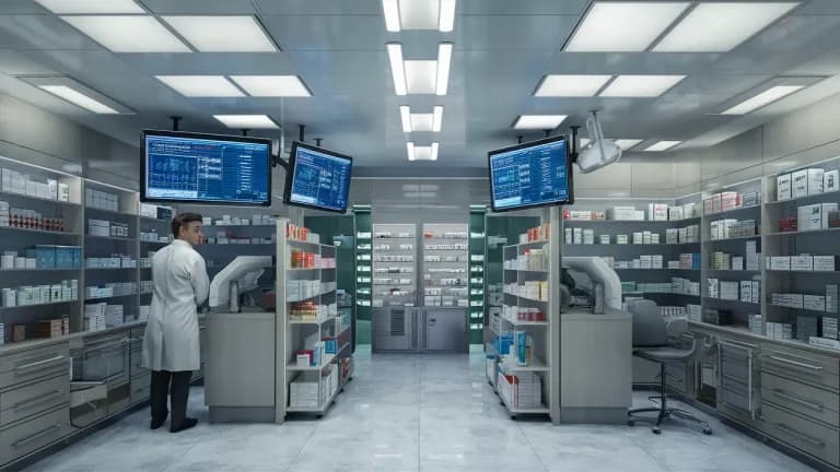 Farmacia moderna con pantallas de monitoreo digital mostrando datos en tiempo real y farmacéutico analizando información.