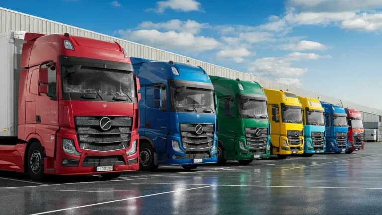 Colorful fleet of trucks with digital telemetry screens parked in front of a logistics warehouse.