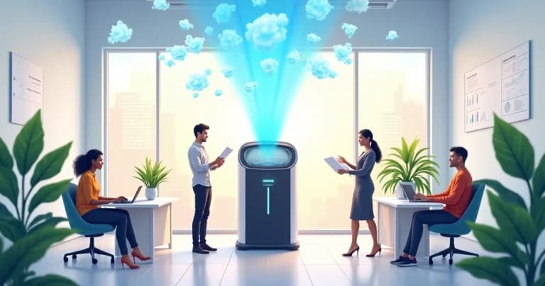 Modern office with air purifier, diverse professionals and plants, highlighting high air quality.