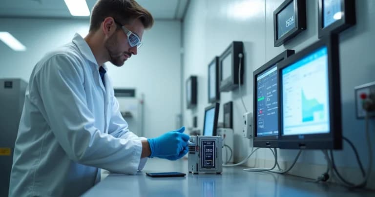 Técnico ajustando sensor electrónico en ambiente controlado con equipos de monitoreo