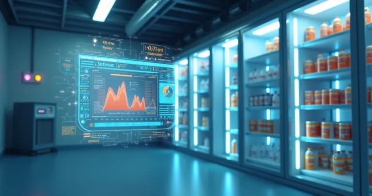 Cold room with sensors and digital graphics showing monitoring and failure alerts with artificial intelligence