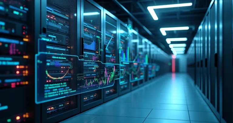 Servidor moderno con pantallas digitales mostrando backup de datos y gráficos de monitoreo IoT