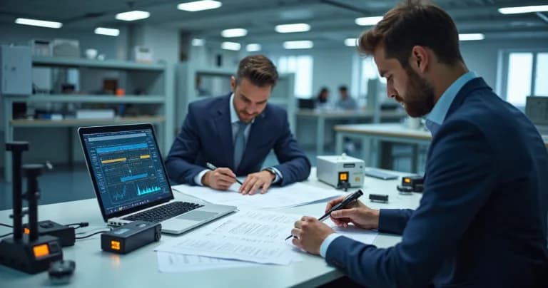 Mesa de auditoría con sensores electrónicos siendo calibrados y técnicos analizando reportes en ambiente limpio e iluminado