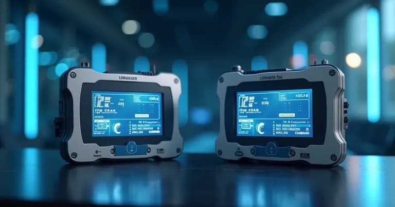 LoRaWAN and Wi-Fi dataloggers with digital interfaces displaying environmental data on blue technology background