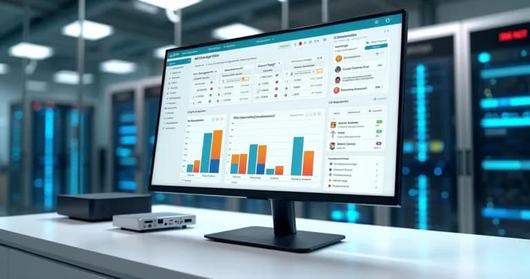 Screen with ERP dashboard integrated with IoT sensors in corporate environment