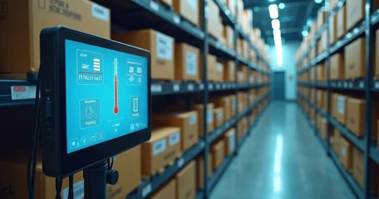 Equipo de monitoreo digital en almacén controlando temperatura y humedad de insumos delicados