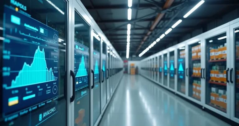 Dispositivos IoT monitoreando almacenamiento en cadena fría con gráficos y alertas digitales