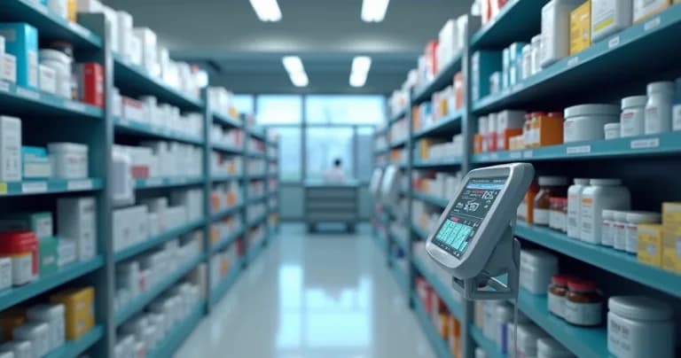 IoT monitoring equipment installed on pharmacy shelves with sensors and screens displaying environmental data