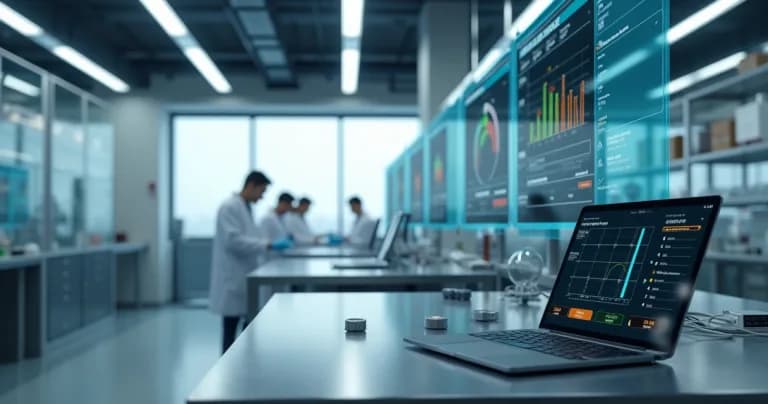 Laboratorio moderno con pantallas digitales mostrando monitoreo IoT de condiciones ambientales y sensores activos