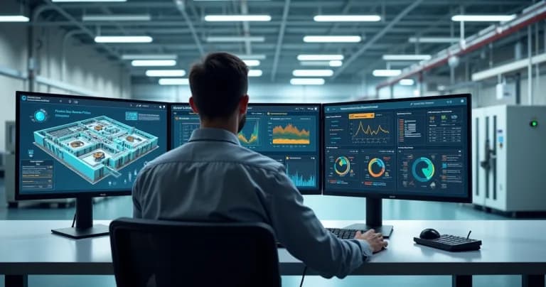 IoT monitoring dashboard with preventive maintenance chart and technician analyzing data