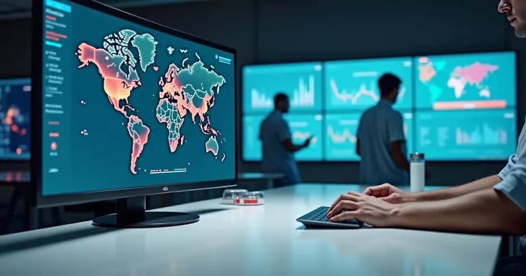 Pantalla de plataforma SaaS monitoreando brotes en mapa mundial con gráficos en tiempo real
