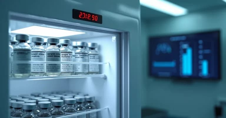 Termómetro digital y sensores IoT monitoreando la temperatura de una caja térmica con vacunas almacenadas