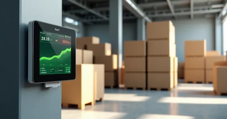Sensor de humedad monitoreando ambiente interno de almacén con cajas apiladas y panel digital con gráficos
