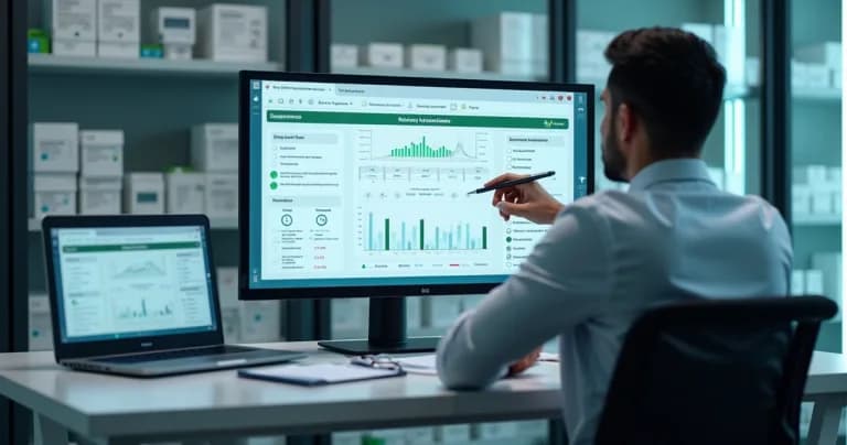 Professional analyzes automated digital report on ANVISA compliance dashboard