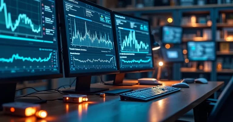 Pantalla de computadora mostrando gráficos de datos de sensores con alertas de error de transmisión y equipos IoT conectados al fondo