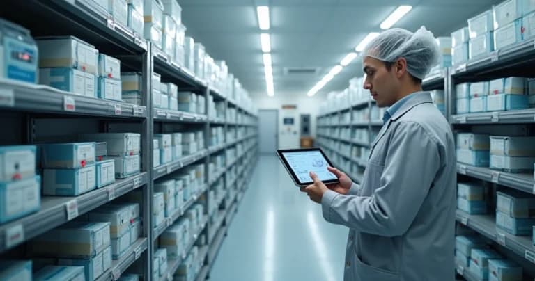 Technician monitoring temperature in refrigerated storage area with sensors and control screens