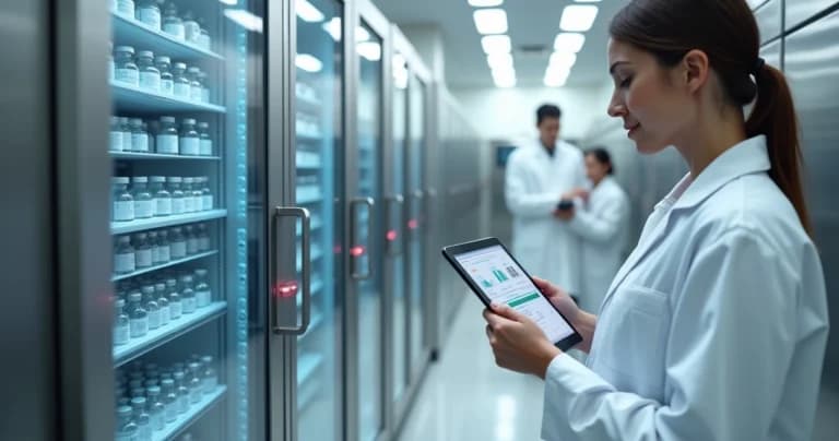 Profesional verificando termómetro digital en cámara fría con vacunas organizadas