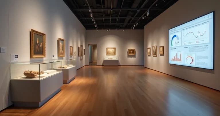 Sala de museo con vitrinas de arte y sensores de monitoreo ambiental discretos en las paredes