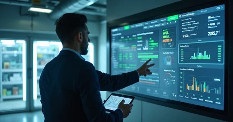 Gestor analizando panel de monitoreo automático con sensores IoT en cámara fría