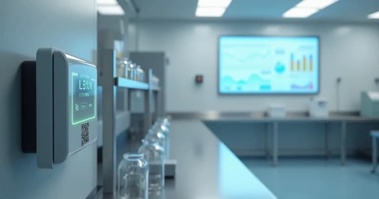 Sensor de humedad del aire en laboratorio climatizado con gráfico en pantalla digital