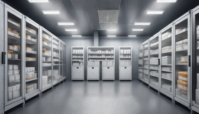 Almacén refrigerado con estantes de cajas apiladas, higrómetro digital en la pared, y niebla del sistema de control de humedad en funcionamiento.