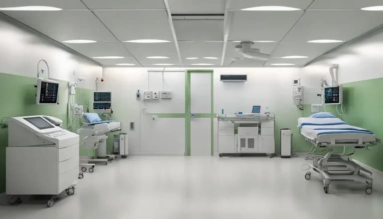 Sala de hospital con chillers azules, fancoil en el techo y panel de control digital indicando estado del sistema de climatización.