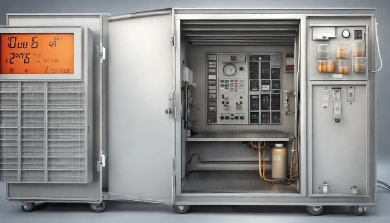 Pharmaceutical transport truck with digital thermometer on the side and stacked medication boxes inside.