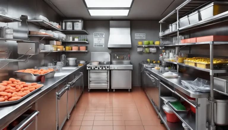 Cocina industrial con checklist de higiene en una tableta y suministros de limpieza bajo iluminación fluorescente.