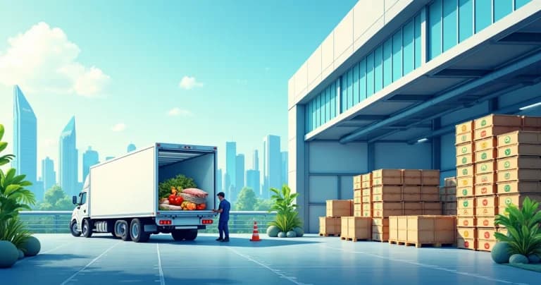 Instalaciones logísticas modernas, camión refrigerado, productos frescos y símbolos de sustentabilidad en un almacén.