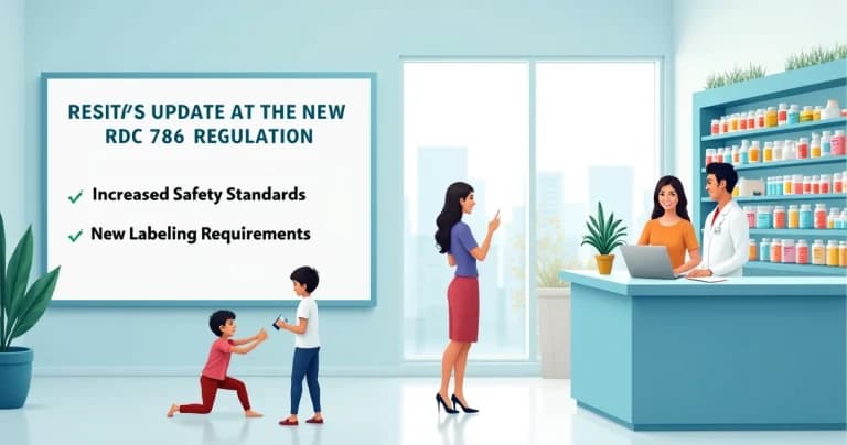 Interior de una farmacia luminosa con un farmacéutico y un cliente, mostrando nuevas regulaciones y un ambiente acogedor.