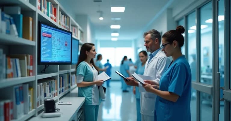 Sala de auditoría hospitalaria con equipo analizando documentos y monitores de equipos médicos modernos