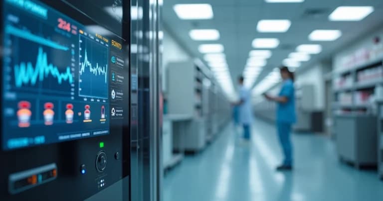 Equipo de almacenamiento de vacunas con pantalla digital mostrando alertas de fallas y monitoreo ambiental detallado