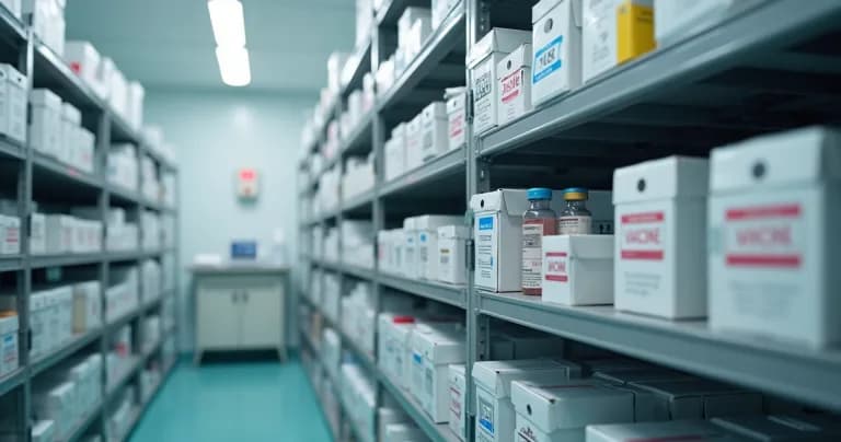 Estante organizado con cajas de insumos sensibles separados para evitar contaminación cruzada