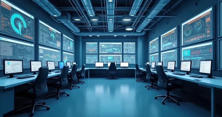 Sala de control con pantallas mostrando datos de sensores IoT y gráficos en ambiente tecnológico de auditoría
