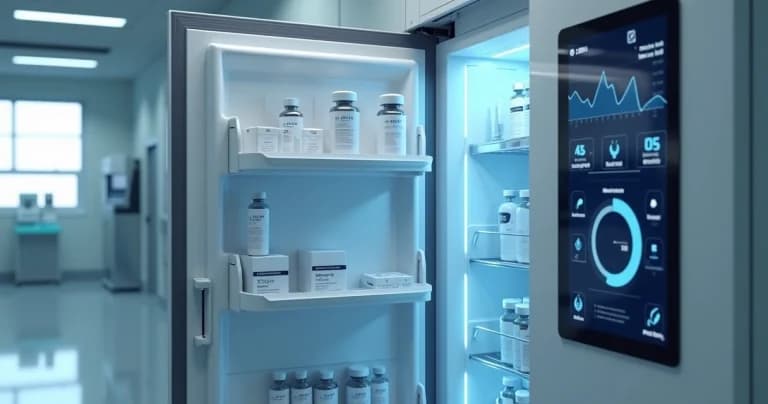 Medicamentos almacenados en refrigerador con sensores IoT visibles y pantalla digital mostrando monitoreo de la temperatura