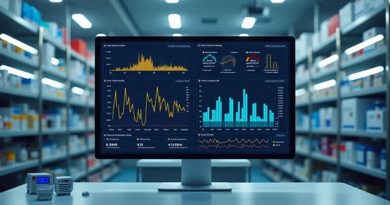 Pantalla de computadora con panel de monitoreo de cadena fría mostrando gráficos y alertas en ambiente de laboratorio moderno