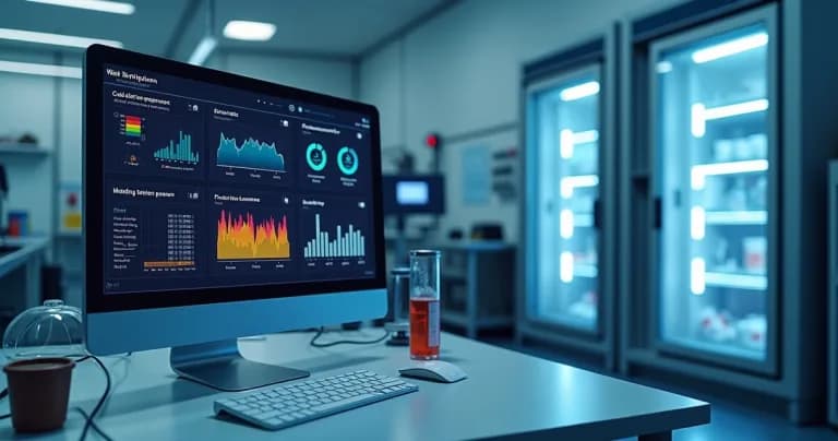 Pantalla de computadora mostrando gráficos y datos de monitoreo de la cadena fría con sensores IoT y alertas en ambiente de laboratorio moderno