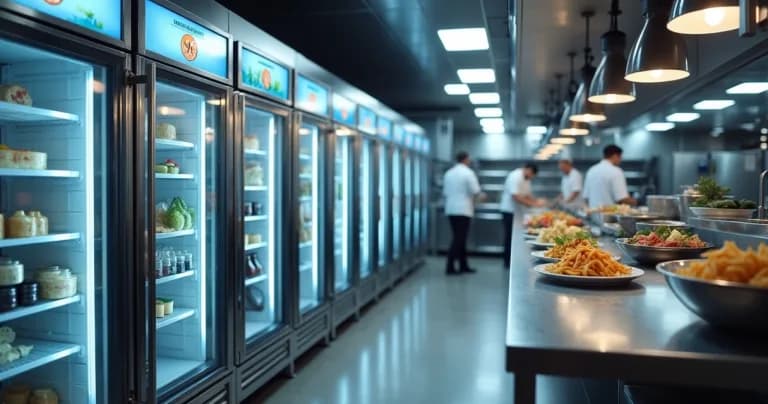 Cocina de restaurante con sensores IoT instalados en neveras y equipos de almacenamiento