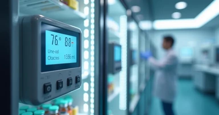 Sensor de temperatura digital instalado dentro de una nevera para vacunas, con pantalla iluminada mostrando datos en tiempo real