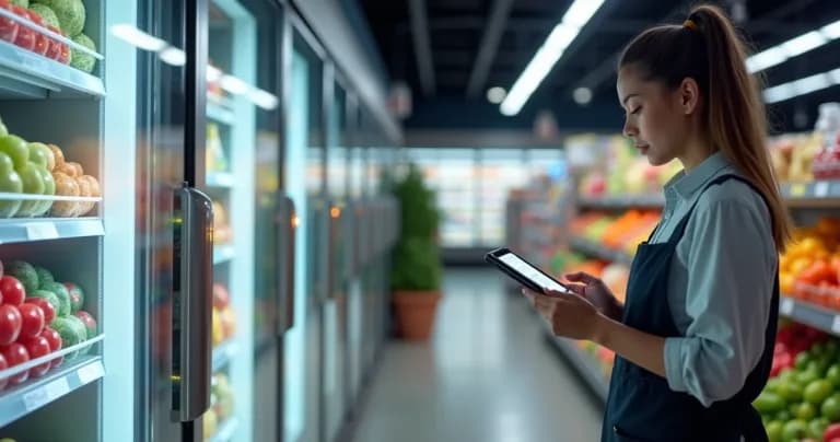 Supermercado con refrigeradores y sensores IoT monitoreando temperatura en estantes