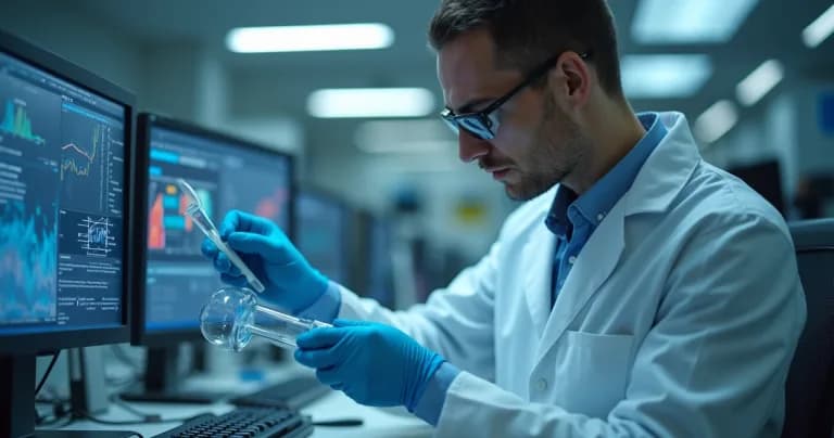 Technician reviewing calibration equipment in pharmaceutical environment with digital screens showing sensor data