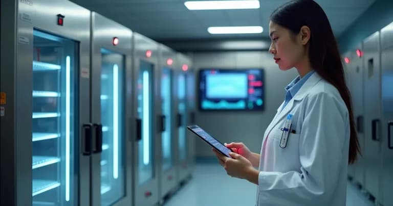 Profesional analizando registros digitales de temperatura en auditoría sanitaria