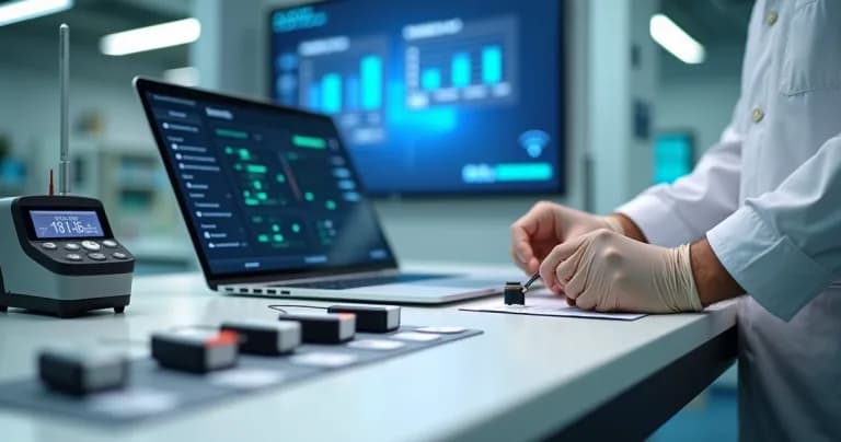 Técnico verificando calibración de sensores wireless en bancada de laboratorio